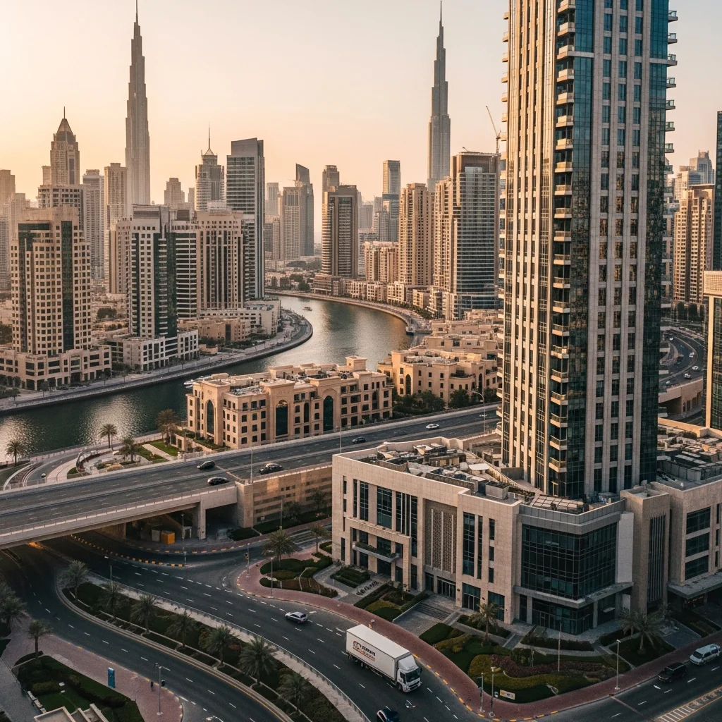 Business Bay district skyline along Dubai Canal at sunset