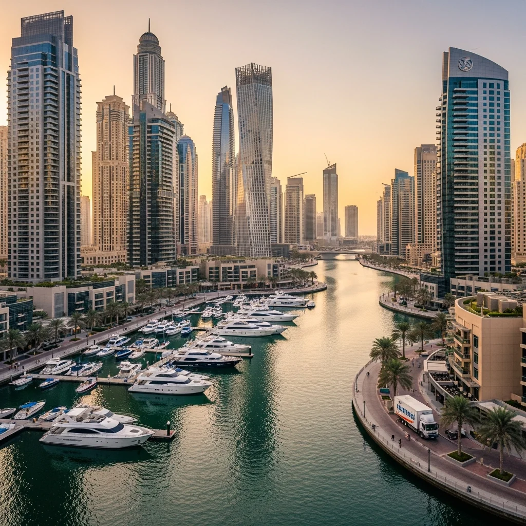Dubai Marina waterfront skyline with residential towers and yacht harbor