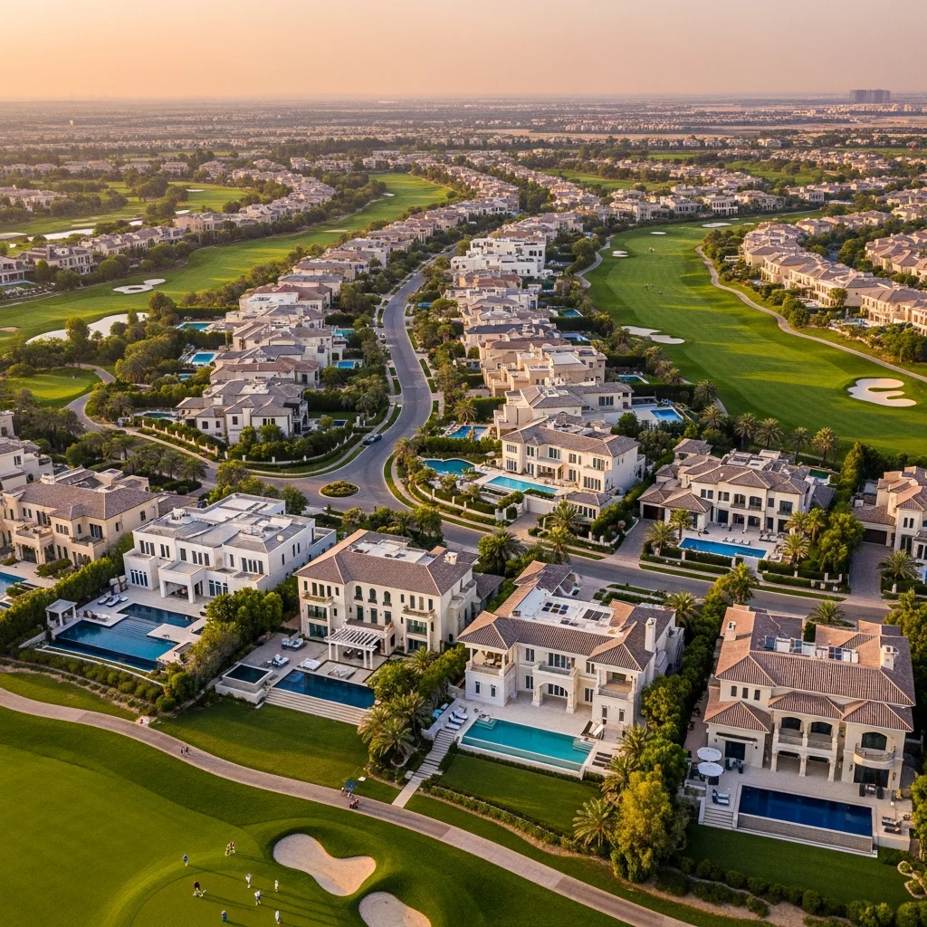 Emirates Hills exclusive gated community with luxury mansions and golf views