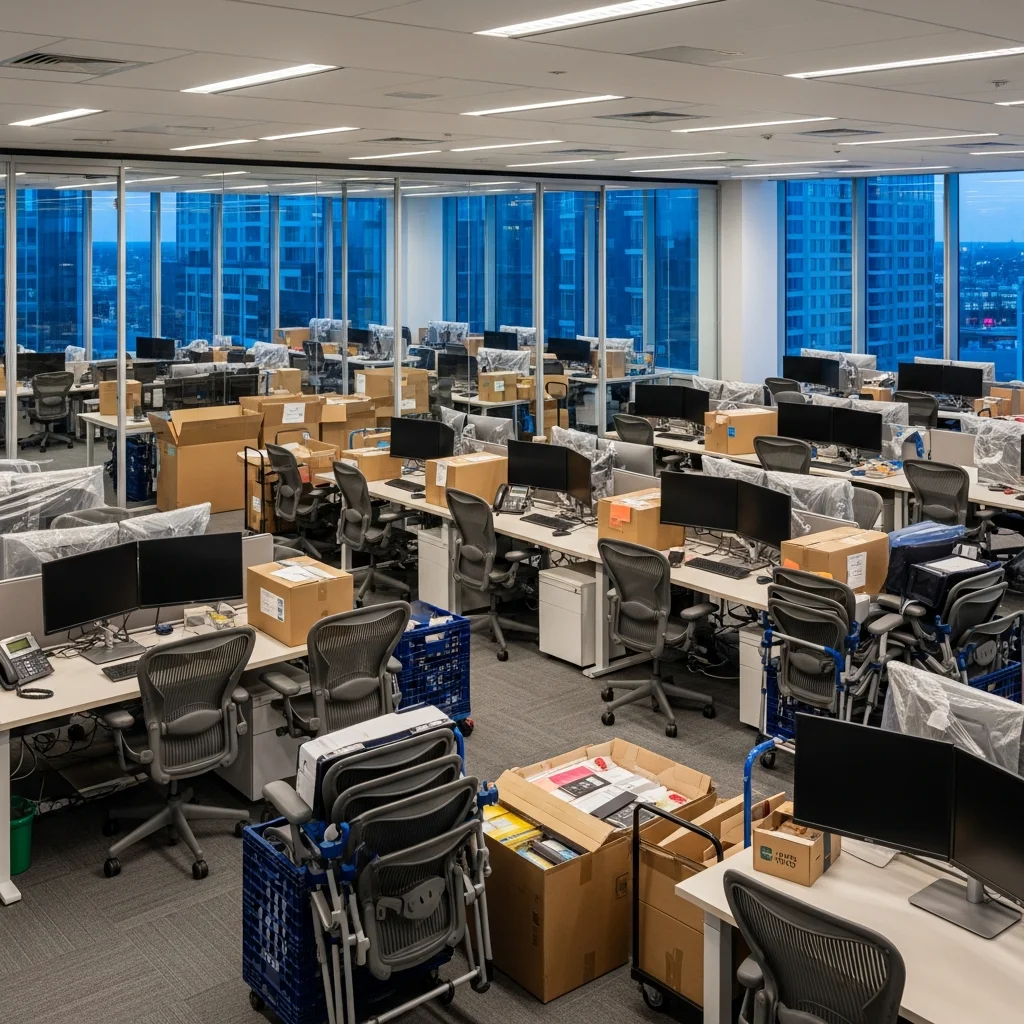 Office workstations packed and labeled for overnight move