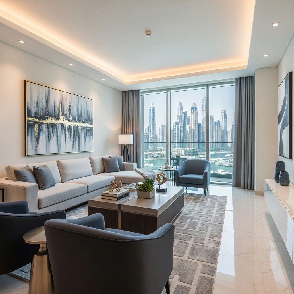 Living room fully set up after professional move in Dubai Marina