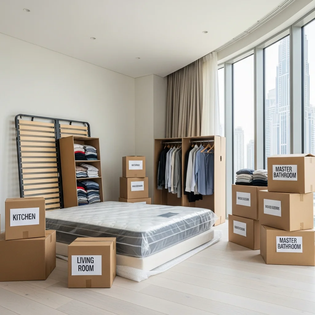 Bedroom items boxed and labeled for Dubai Marina move
