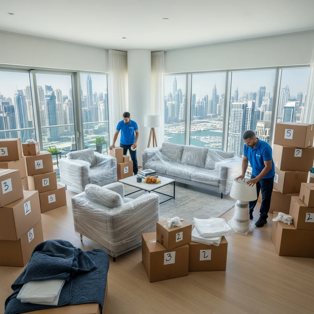 Living room packed and ready for moving in Dubai Marina apartment