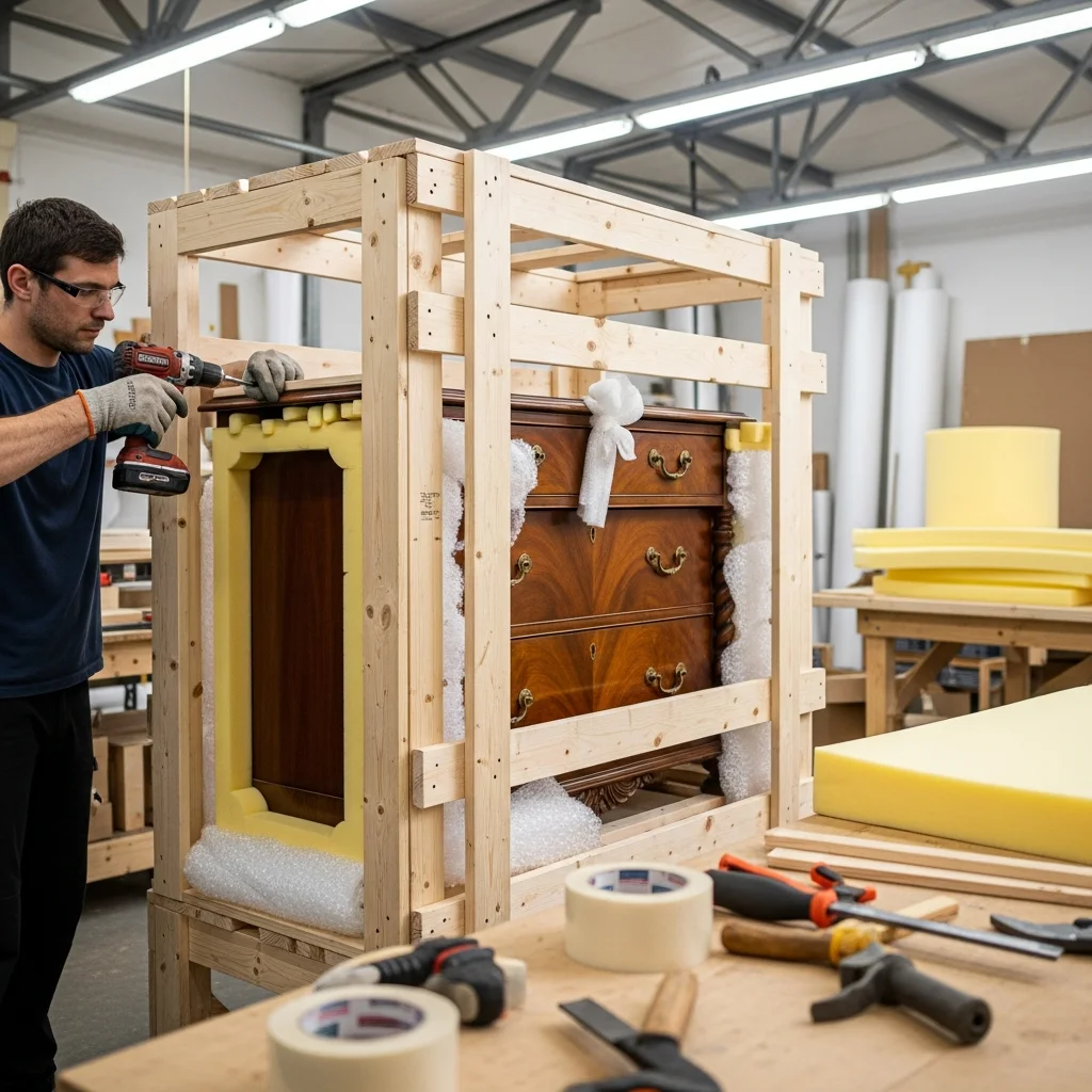Antique furniture being custom crated for international shipping