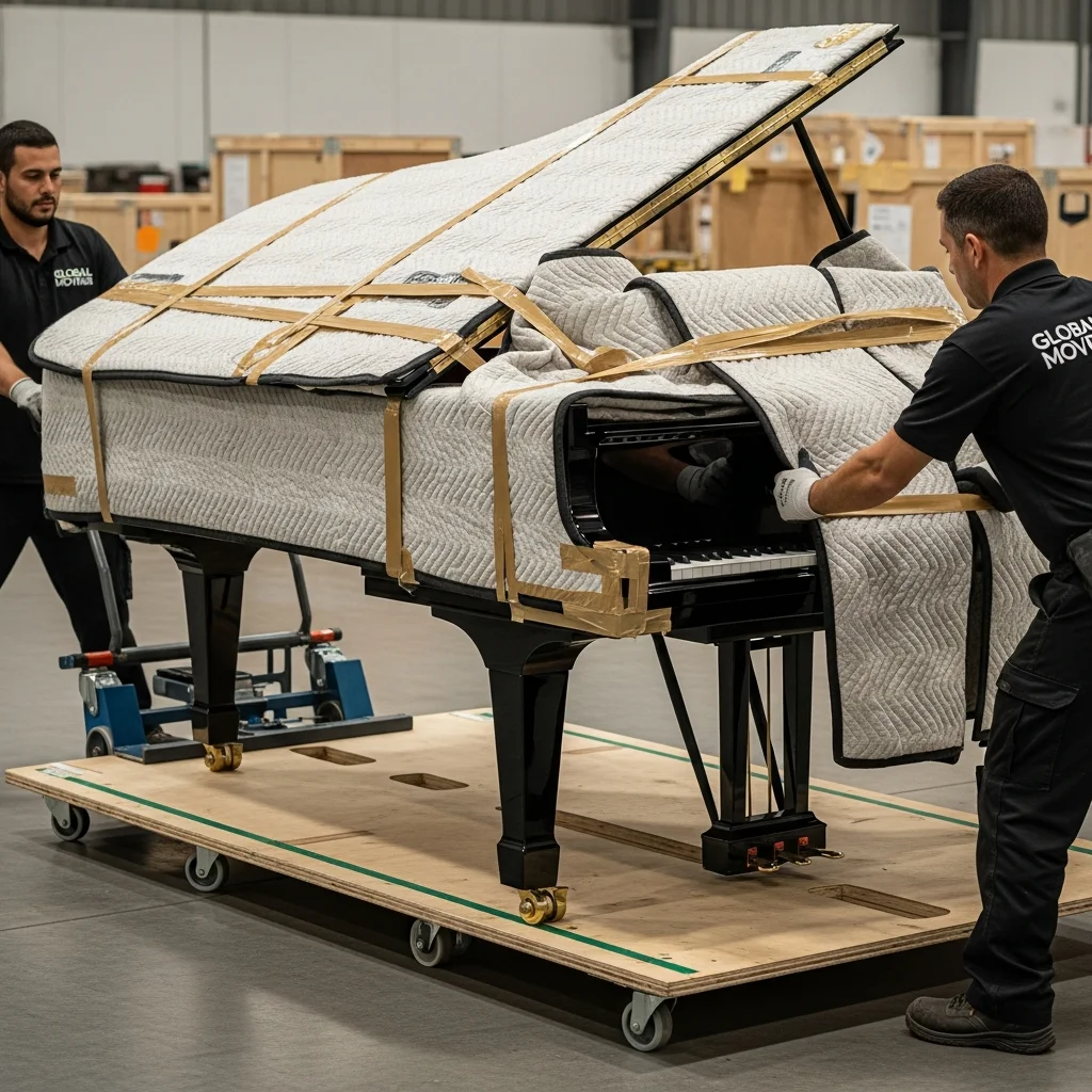 Steinway piano being prepared for international move