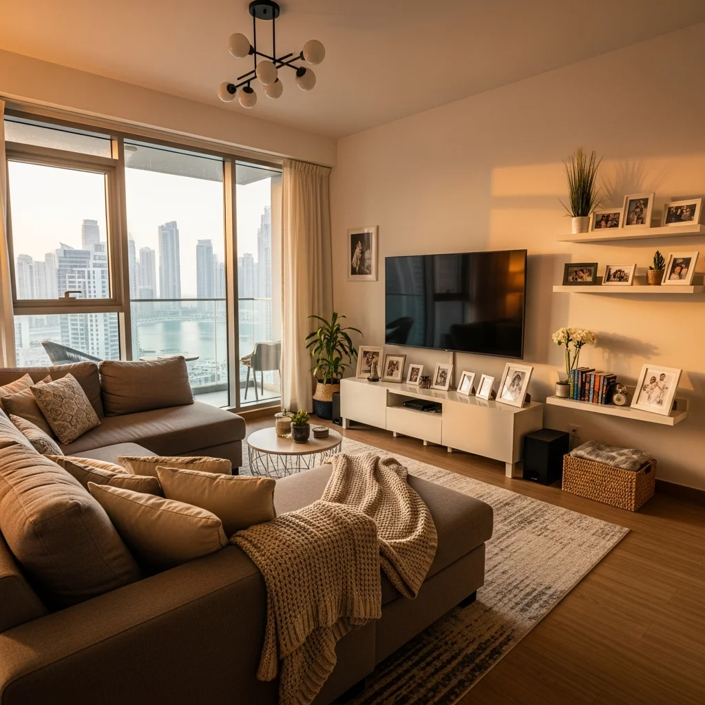 Family living room assembled and arranged in new JLT apartment