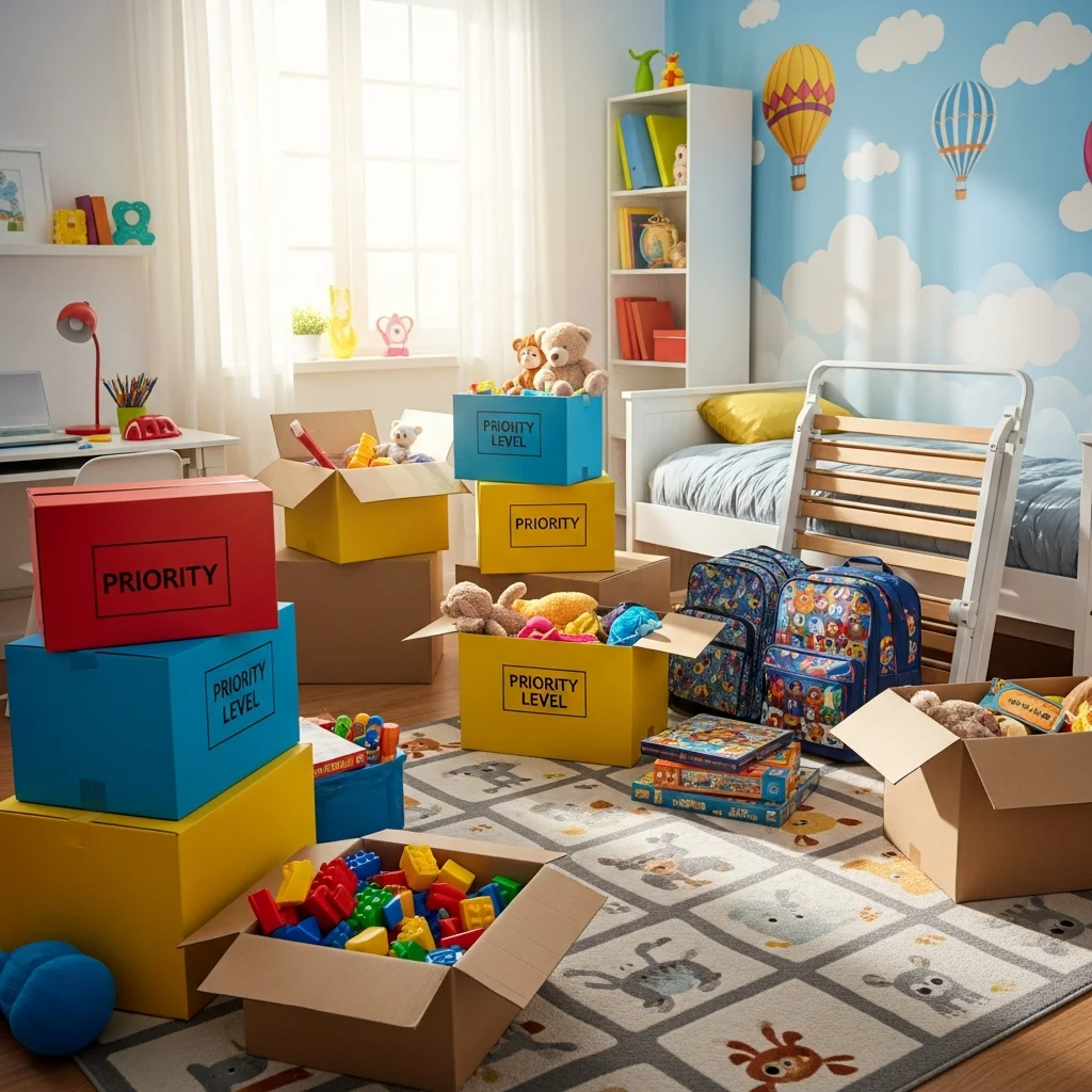 Kids room packed with school items labeled for priority unloading