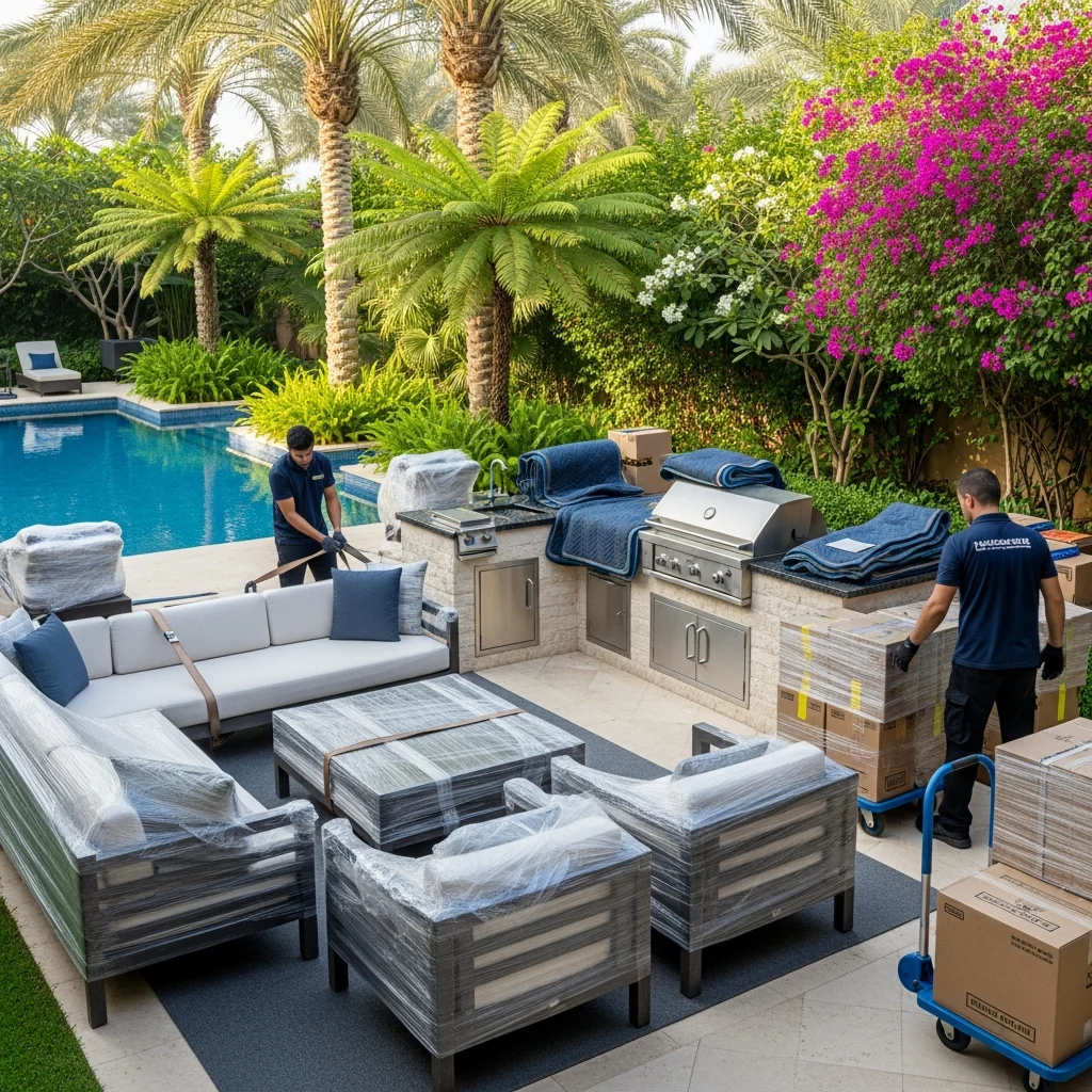 Palm Jumeirah villa garden furniture wrapped for moving