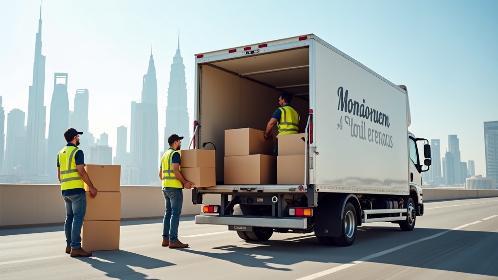 Professional movers and packers in Dubai loading furniture into branded truck with Dubai skyline