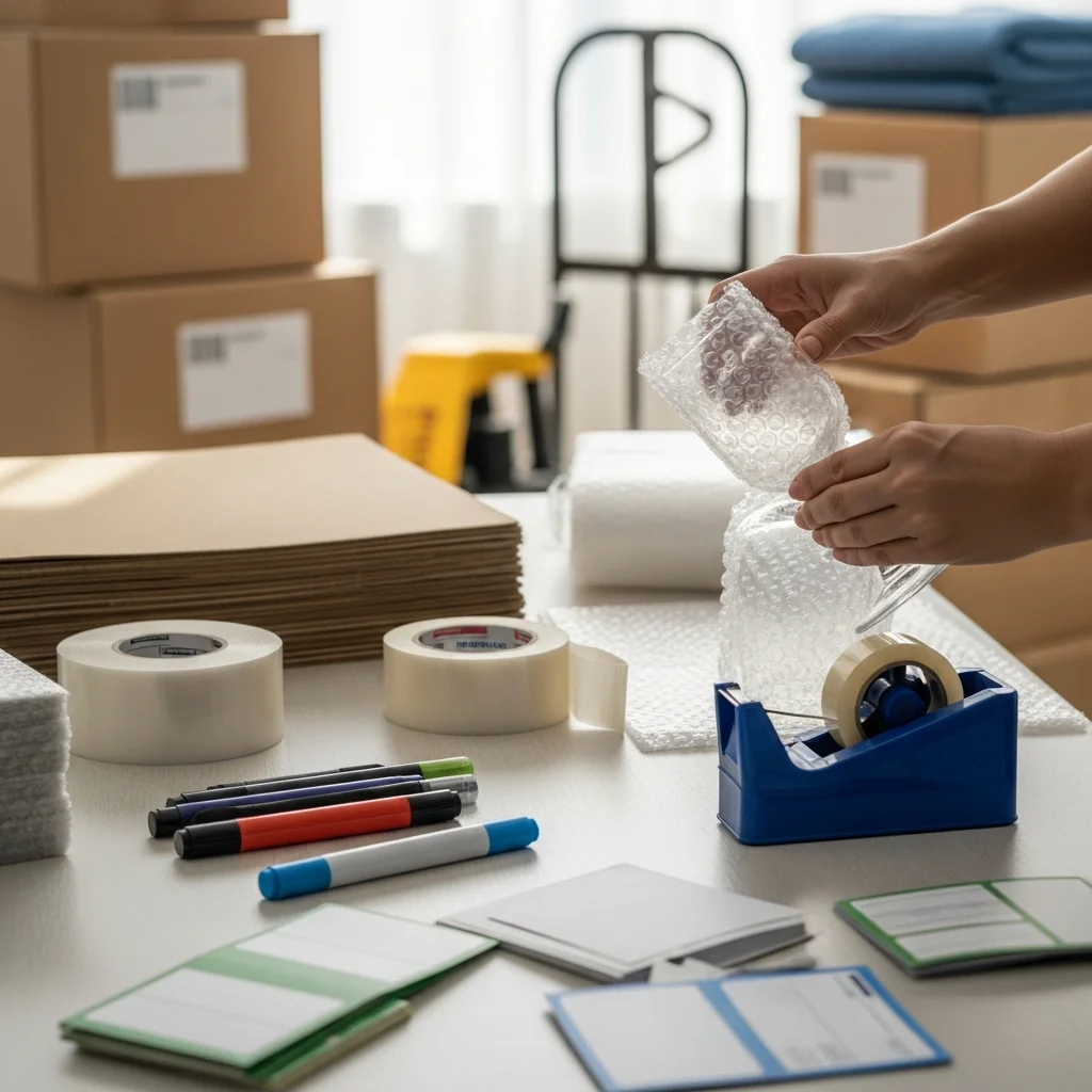 Professional packers carefully wrapping and boxing household items