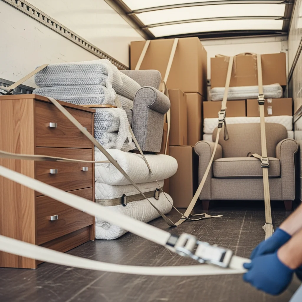 Moving truck safely transporting furniture through Dubai streets