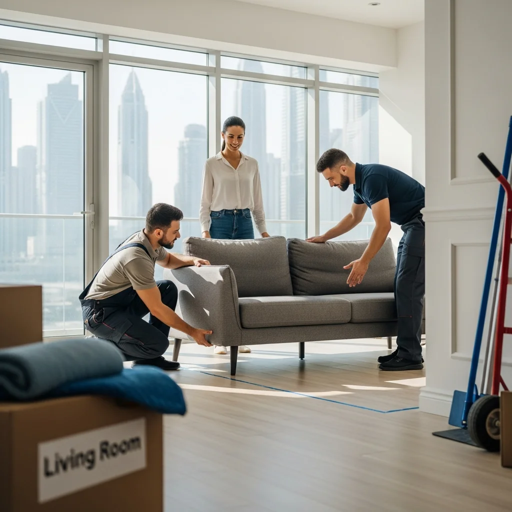 Movers delivering and setting up furniture in new Dubai home