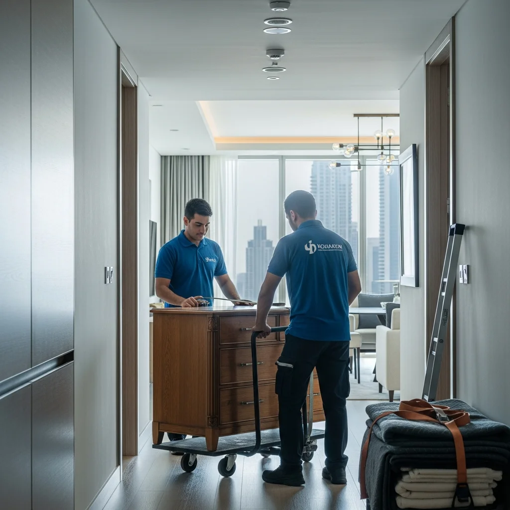 Movers navigating furniture through apartment building corridor