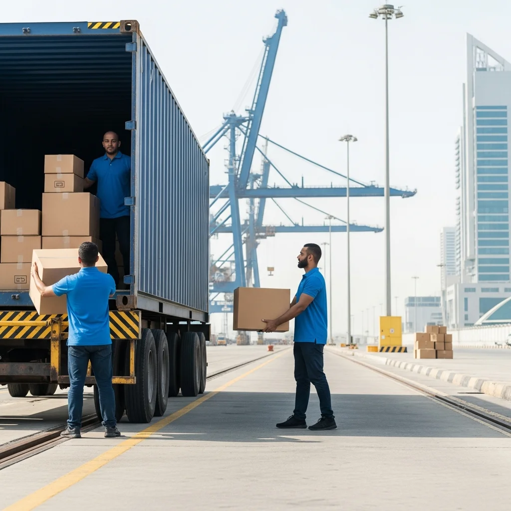 International moving containers being loaded at Dubai port facility