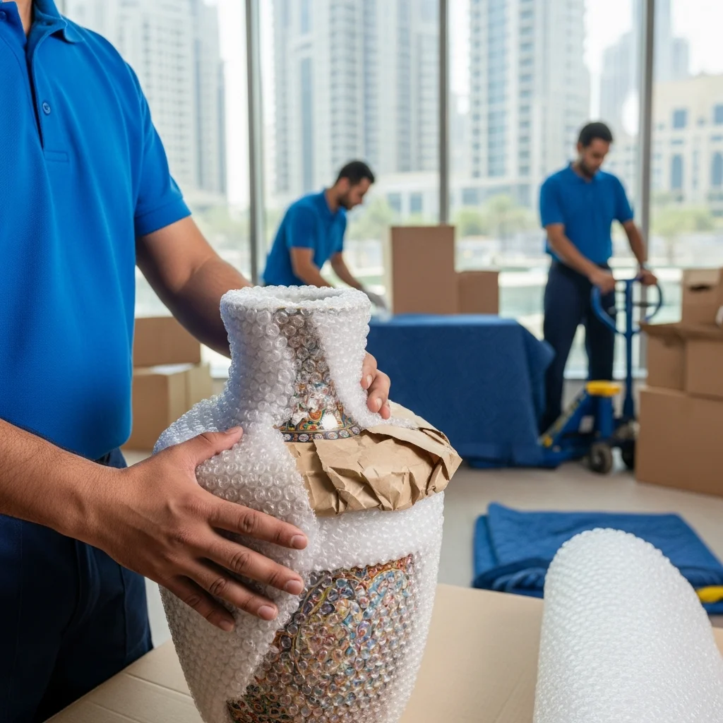 Professional packer carefully wrapping fragile decorative items