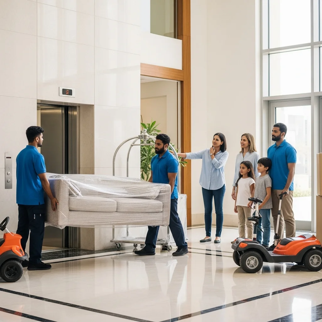 Professional residential movers carrying furniture from Dubai apartment building
