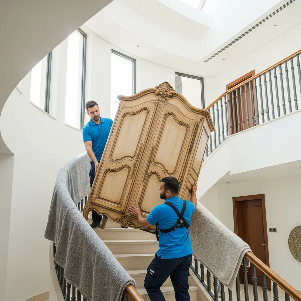 Movers carefully handling luxury furniture at Dubai villa