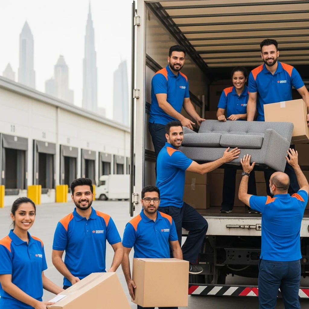 Movers Dubai team actively loading furniture into moving truck