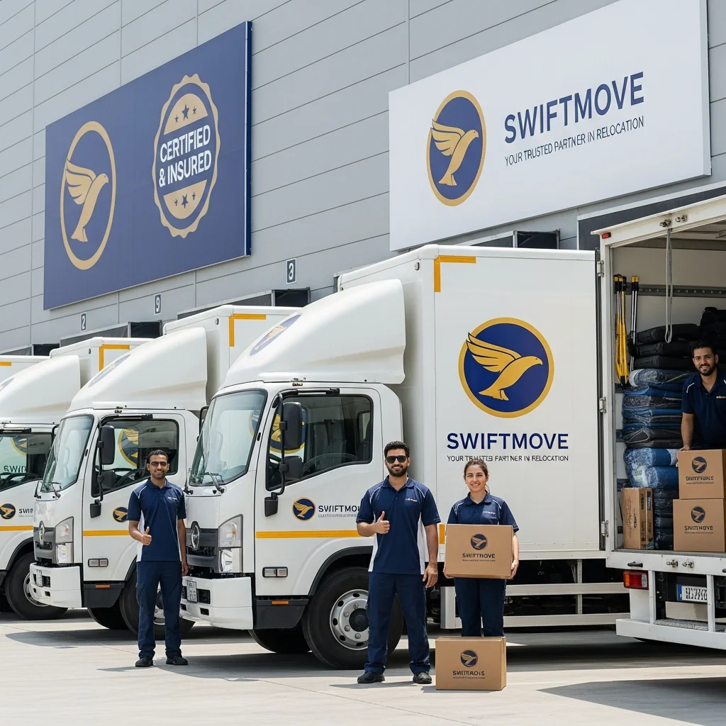 Fleet of professional moving trucks ready for service in Dubai
